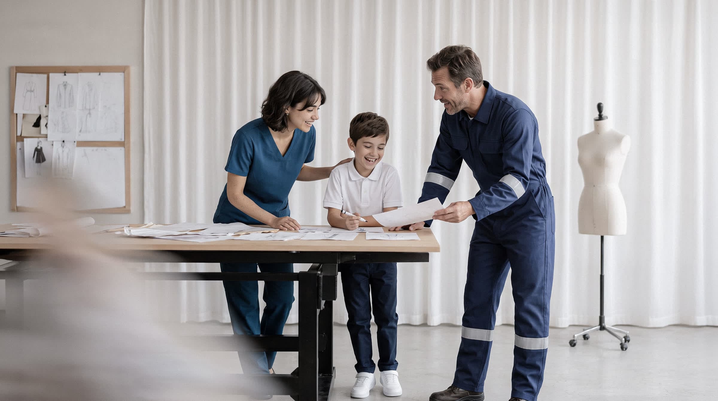 Tres personas con uniformes de las líneas médica, escolar e industrial revisando bocetos sobre una mesa de taller